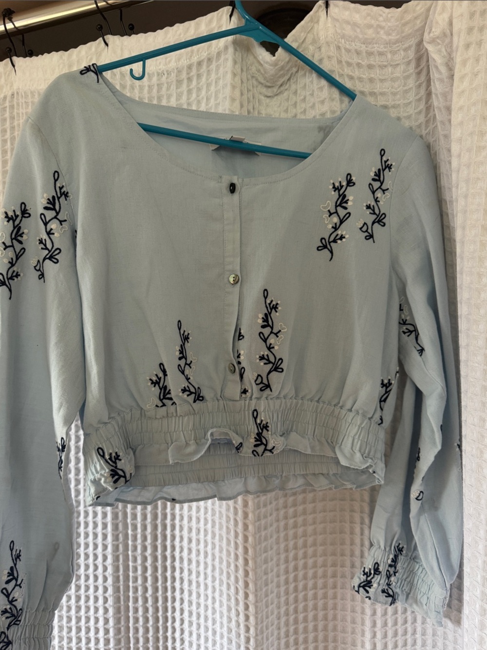 Something Navy Light Blue Embroidered Cropped Button Top
